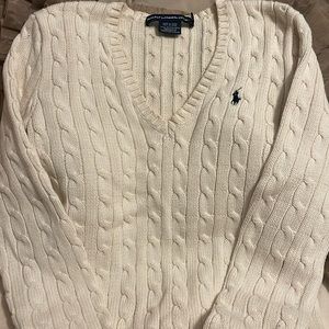 Ralph Lauren Sport v-neck creme colored sweater! Navy blue polo logo!